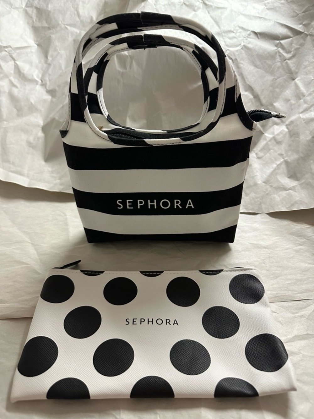 NEW SEPHORA Black & White Stripe Tote with Polka Dot Pouch